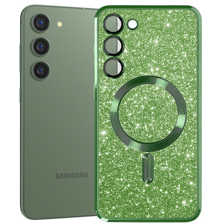 Husa tip MagSafe pentru Samsung Galaxy S23 Plus, Glitter MagCase, Sclipici integrat, Protectie lentile camere, Rama electroplacata, Accente metalizate, Margini ridicate, Incarcare wireless, Magnetica, Verde inchis