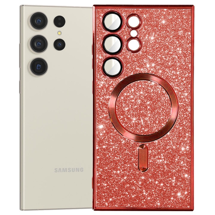 Husa tip MagSafe pentru Samsung Galaxy S23 Ultra, Glitter MagCase, Sclipici integrat, Protectie lentile camere, Rama electroplacata, Accente metalizate, Margini ridicate, Incarcare wireless, Magnetica, Rosu