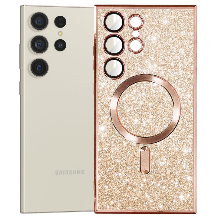 Husa tip MagSafe pentru Samsung Galaxy S23 Ultra, Glitter MagCase, Sclipici integrat, Protectie lentile camere, Rama electroplacata, Accente metalizate, Margini ridicate, Incarcare wireless, Magnetica, Roz deschis