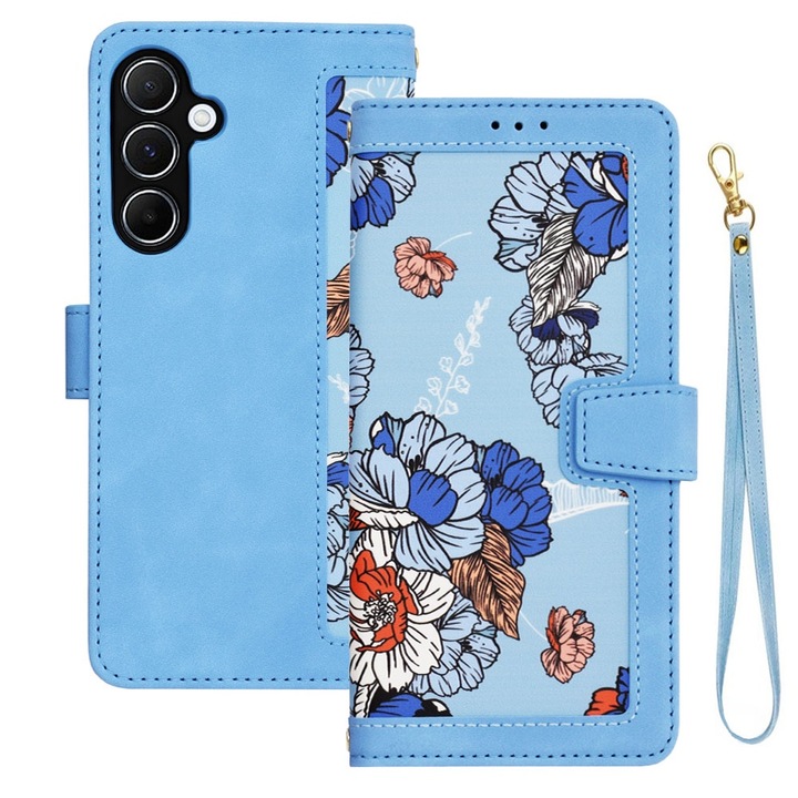 Husa tip carte pentru Samsung Galaxy A25 5G, Mystic Flowers, Piele ecologica, Buzunare carduri, Inchidere cu capsa, Functie stand/suport, Decupaj difuzor apeluri, Acoperire 360, Protectie completa fata-spate, Snur incorporat/detasabil, Albastru