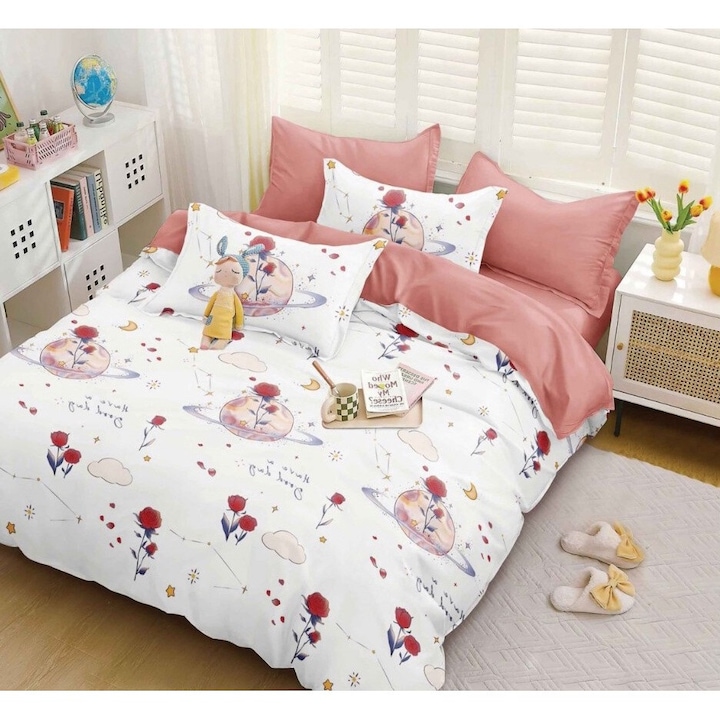 Lenjerie de pat 4 piese CELhome, bumbac satinat, model Univers Floral – Cearceaf pat cu elastic 180 x 200 cm, Cearceaf pilota 200 x 230 cm, 2 Fete de perna 55 x 75 cm