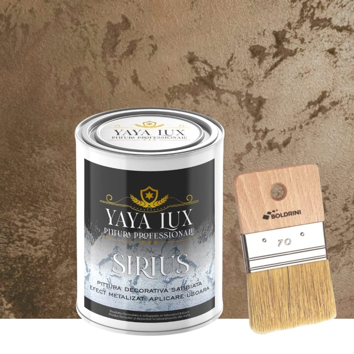 Vopsea Decorativa de Lux Sirius, Cafea cu Lapte, Finisaj Mat cu Perle de Sticla, 0, 5 Litri si Pensula 70 mm, YaYa Color