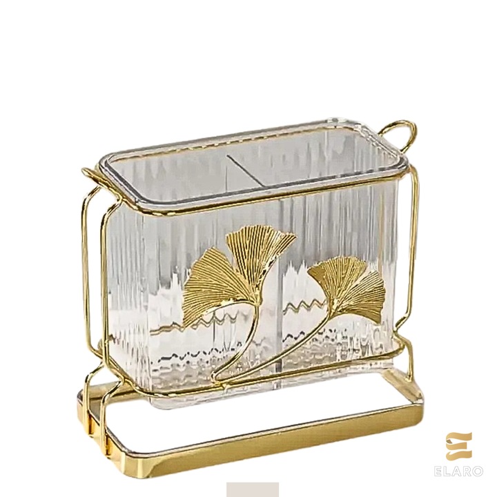 Suport Tacamuri Premium ELARO, Din Plastic Texturat Si Metal Auriu, Design Elegant Cu Decor Floral, Organizator Pentru Tacamuri Si Ustensile De Bucatarie, Ideal Pentru Masa Si Bucatarie Moderna