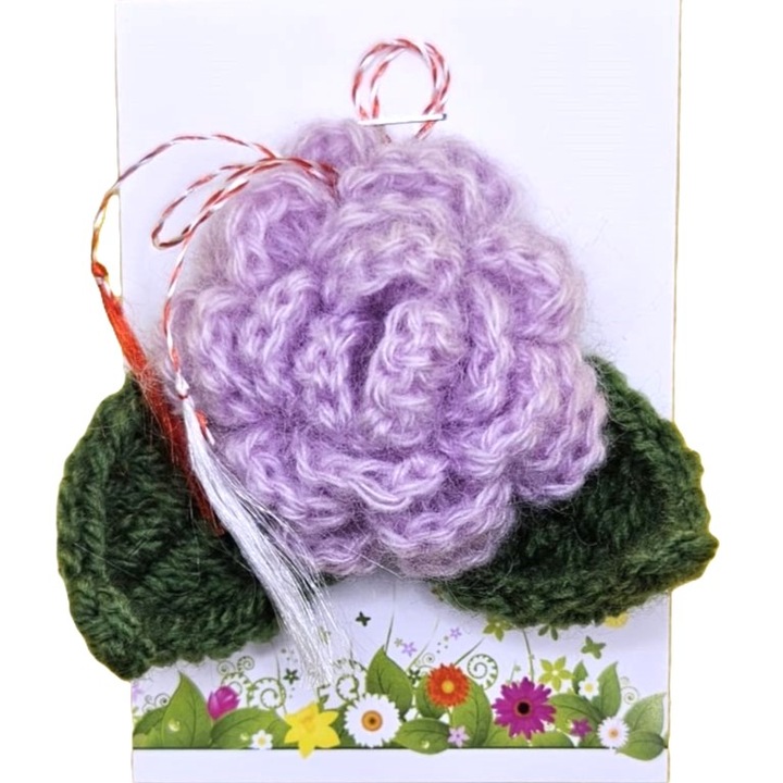 Horgolt bross - rózsa levelekkel, halványlila színű, 6 cm
