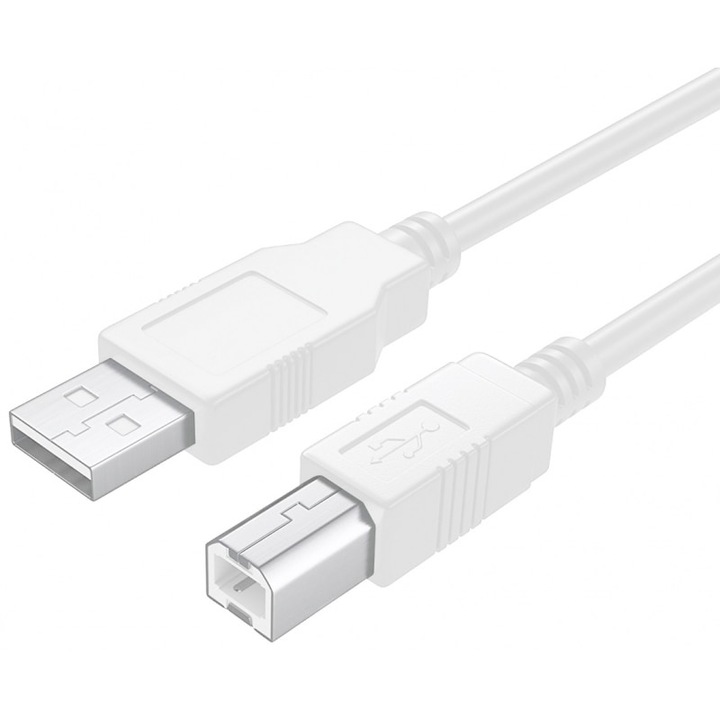 Cablu USB pentru imprimanta, 5 metri, conectori USB-A la USB-B, inel anti interferente, alb