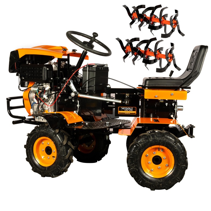 Mini tractor Detoolz, 17cp, 530cc, motor pe motorina 4T, 4X4, 4 viteze, pornire electrica, 2 cutii de viteze