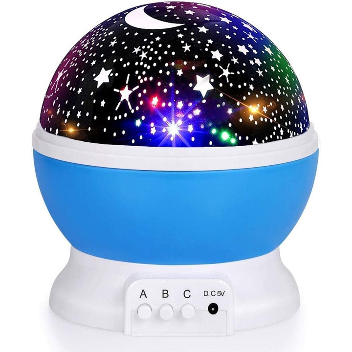 Lampa 2in1 Rotativa 360° cu Proiector de Cer Instelat, Lumina de Noapte cu Schimbare de Culoare, Alimentare USB & Baterii, Albastru