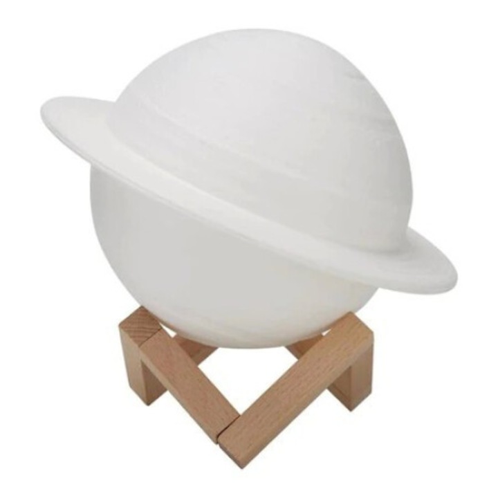 Lampa de veghe in forma de Saturn 3D Moon Light Alb Cald, alimentare baterii, stand plastic inclus, 13 cm, toolsy