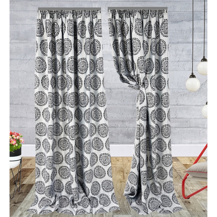 Set 2 draperii black-out, 2x150x230 cm, textura catifelata, model geometric stilizat, gri/negru
