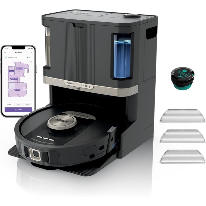 Shark PowerDetect NeverTouch Pro RV2800ZEEU 2 az 1-ben robotporszívó, 1,7 literes tartály, 110 perces üzemidő, LiDAR 360, 372 négyzetméter fekete