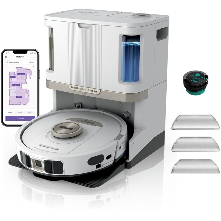 Прахосмукачка робот Shark PowerDetect NeverTouch Pro RV2800ZEEUWH 2 в 1, 1,7 л резервоар, 110 минути работа, LiDAR 360, 372 кв. м бял
