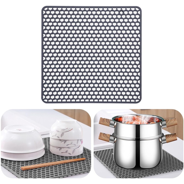 Protectie pentru chiuveta din silicon, Gratar protectie fund chiuveta, Axroad Mall, Rezistenta la caldura, Design fagure, Multifunctional, Scurgerea rapida a apei fara a se acumula, 34.5x34.5cm, Gri deschis