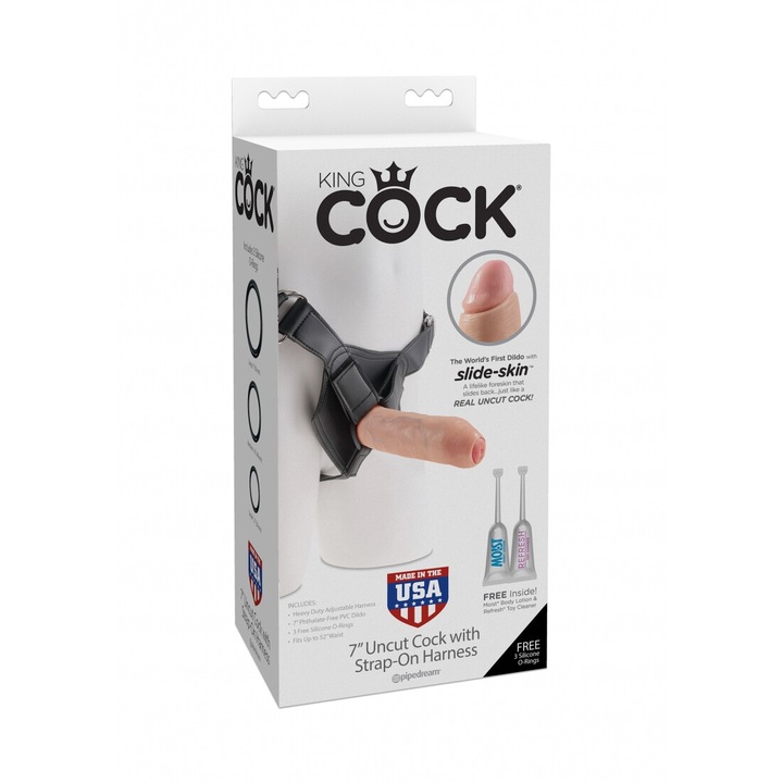 Centura strap-on cu dildo realist King Cock, 18cm, culoare cielista, dimensiune 4,6cm diametru, lungime penetrabila 15,5cm