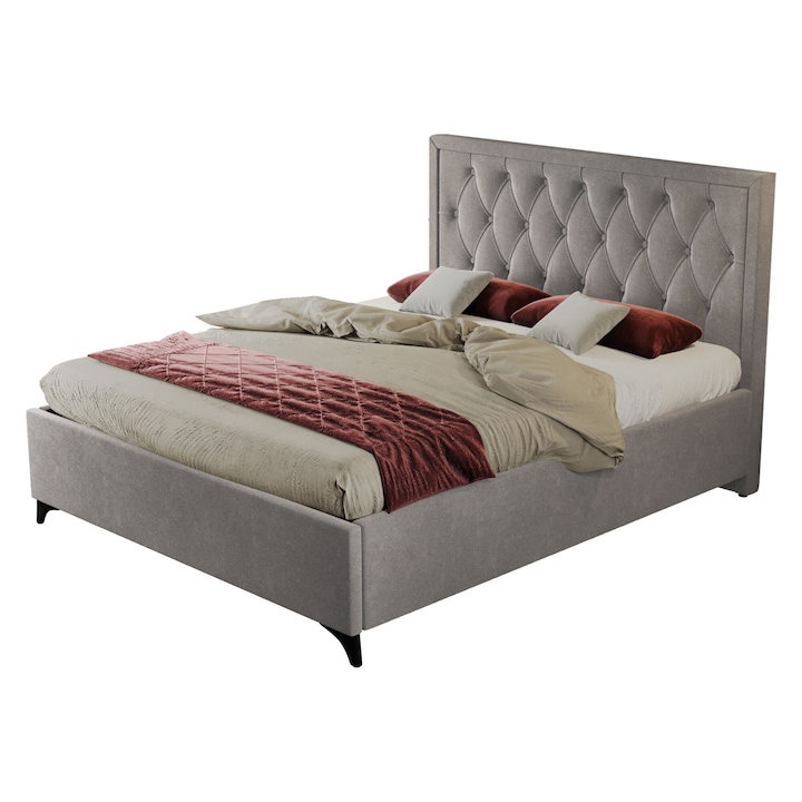 Pat dublu tapitat Canada, cadru lemn si pal, 180x200 cm, gri deschis, cu somiera fixa