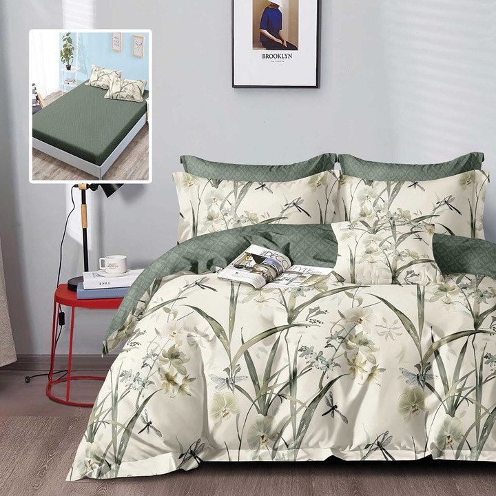 Двойно спално бельо от 6 части Finet Cotton с калъф за матрак 160x200 или 180x200 см, плик за завивка 200x230 см, 2 калъфки за възглавници 50x70 и 70x70 см, Зелено-бяло, Sulphur HF6P317