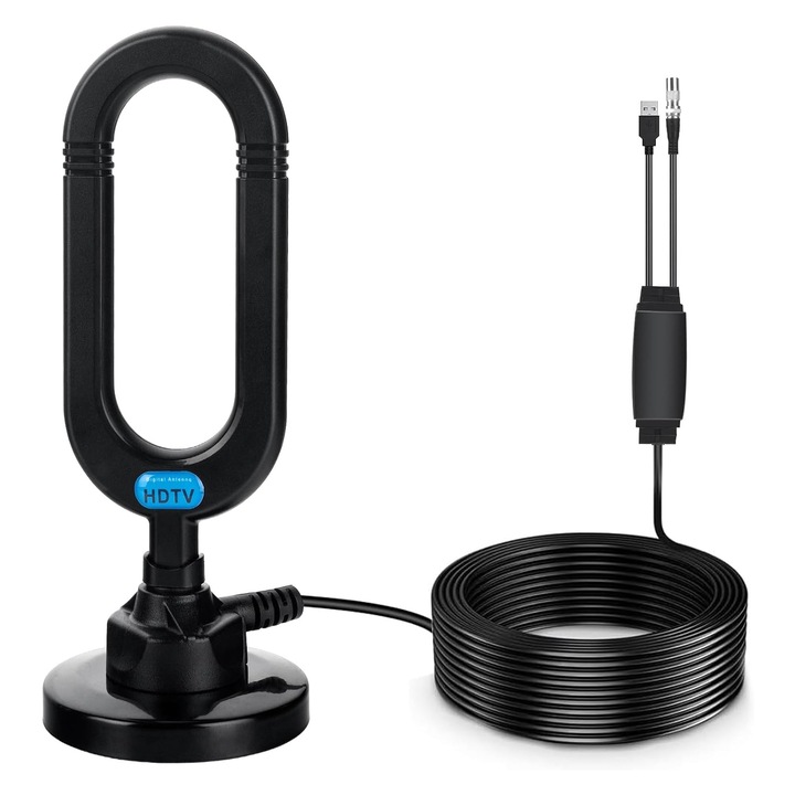 Antena TV digitala cu amplificator incorporat, Axroad Mall, Full HD, 4k, Baza magnetica, Receptoare Compatibile: DTMB, DVT-T, Receptie long range, Cablu 5 m, Instalare usoara, Pentru Interior, 16.1cm, Negru