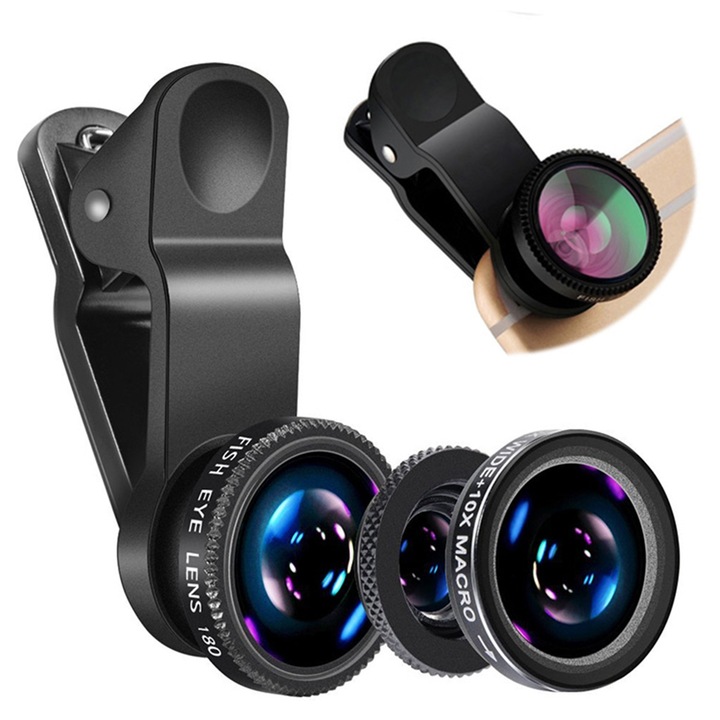 Kit Lentile profesionale HD 3 in 1, Super Wide Angle Lens, Super Macro, Fish Eye, clip prindere universal, compatibil iPhone, Samsung, Huawei