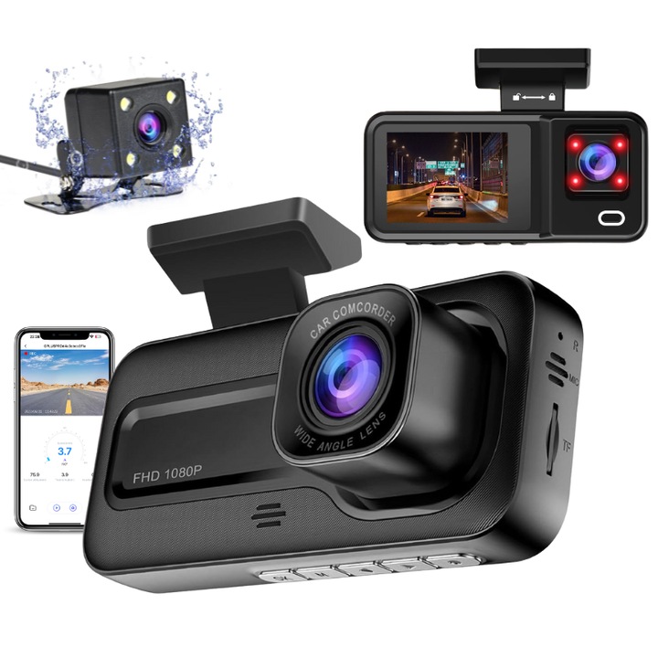 Камера с тройно табло, предна/вътрешна/задна, DVR, Wi-Fi, Full HD, нощно виждане, 170° ъгъл, режим на паркиране, сензор за движение, 2" дисплей, G-сензор, специално приложение, A98, easyCTRL®