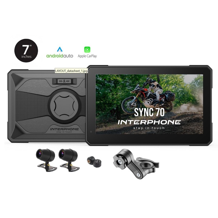 Interphone SYNC70 навигация за мотоциклети, 7" екран, включени сензори за налягане, 2 видеокамери, система за разпознаване на мъртва зона, Android Auto и Apple Carplay