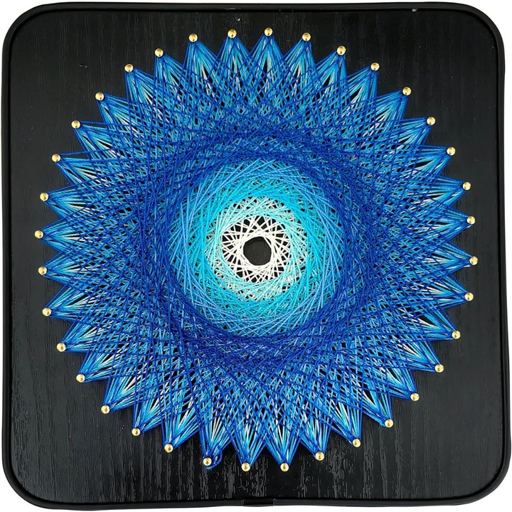 Kit String Art cu fire, model cuib de pasare, efect 3D, pentru copii si adulti, bricolaj, suport de lemn, rotund pre-perforat, fire de ata, handmade, dimensiuni 30 x 30 cm, albastru