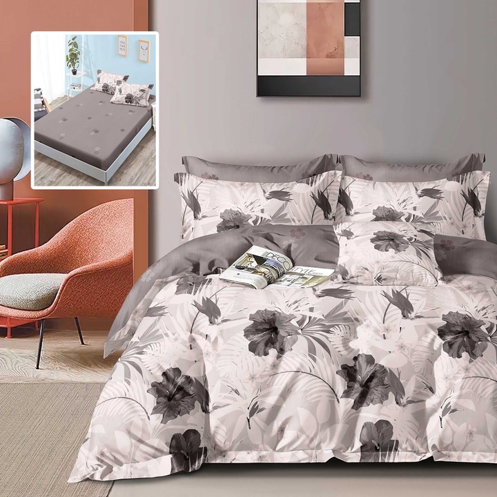 Двойно спално бельо от 6 части Finet Cotton с калъф за матрак 160x200 или 180x200 см, плик за завивка 200x230 см, 2 калъфки за възглавници 50x70 и 70x70 см, Бяло-Сиво, Sulphur HF6P320