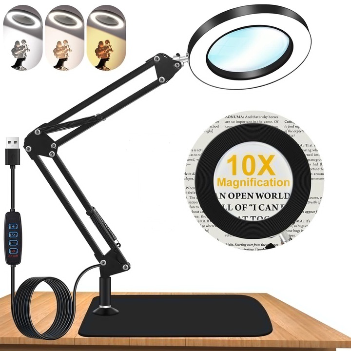 Lupa de masa cu LED, Axroad Mall, 3 Moduri iluminare, Marire 10x, Brat telescopic reglabil, Lampa cu 10 niveluri de luminozitate, Pentru Reparatii Electronice, Manichiura, Tatuaje, Mestesuguri si Lucrari Apropiate, Alimentare USB, Negru