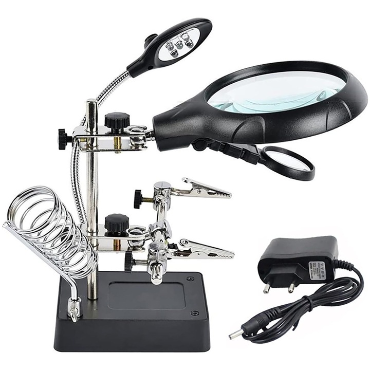 Lupa de Masa cu Iluminare LED, Axroad Mall, Marire 2.5x, 7.5x, 10x, Doua Brate cu Cleme Crocodil, Suport pentru Letcon, Pentru reparatii electronice, Bijuterii, Ceasornicar, GSM, Circuite, Cablu USB Inclus, Lampa 360°, Negru