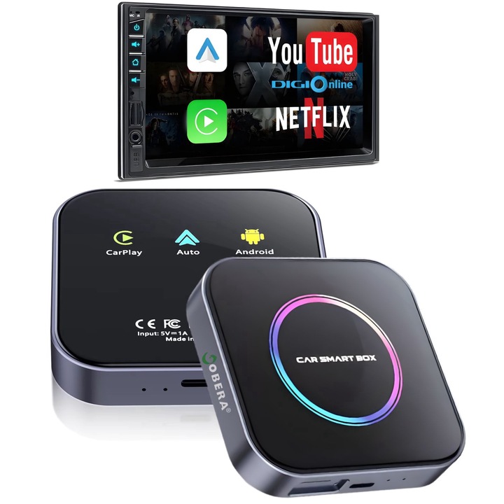 AI Box Android 13 goBERA autós modul, vezeték nélküli CarPlay és Android Auto, 8 GB RAM+128 GB, nyolcmagos processzor, 4G csatlakozás, gyári vezetékes CarPlay-vel, GPS, YouTube Streaming, Netflix és Google Play alkalmazások, Plug and Play