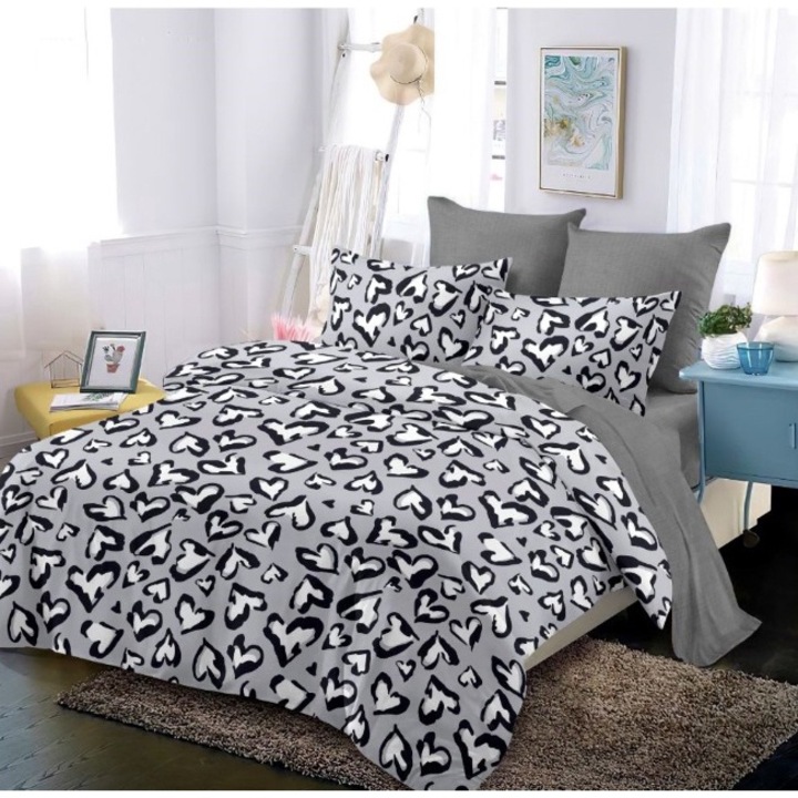 Lenjerie de Pat, Finet, 4 piese, 1 persoana, 160x200cm, Imprimeu Inimi, Gri-Alb