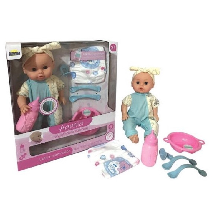 Papusa bobas Mega Creative, 30cm, albastru-galben, set cu accesorii, 24x30x9,5cm