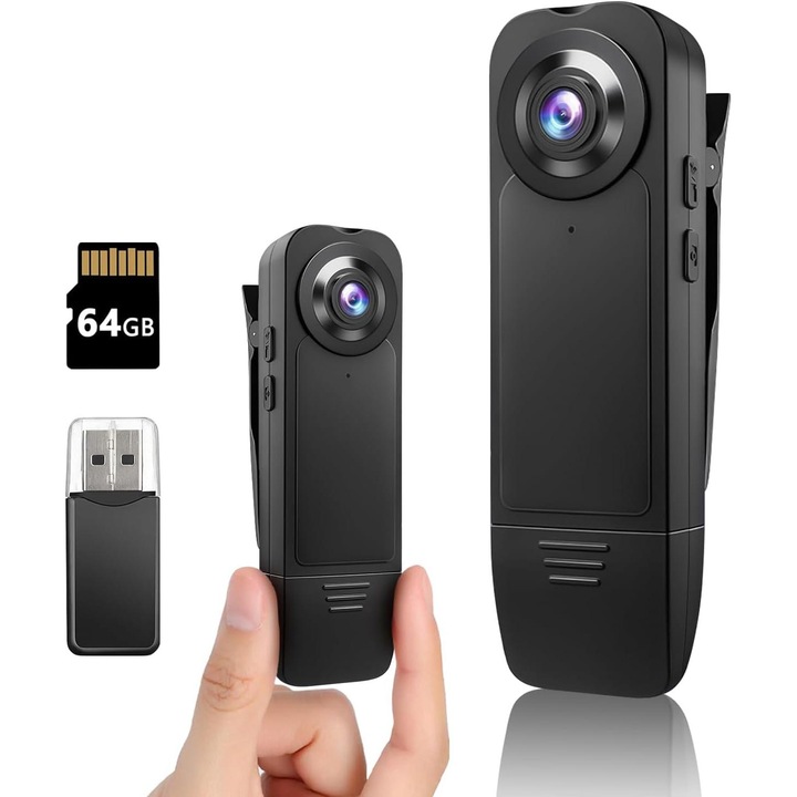 Камера за тяло, 1080P, преносима, видео и аудио запис, с 64 GB карта с памет, с нощ, Циклично записване, Автоматично съхранение, Лесна за използване, OUYLAF, Черна