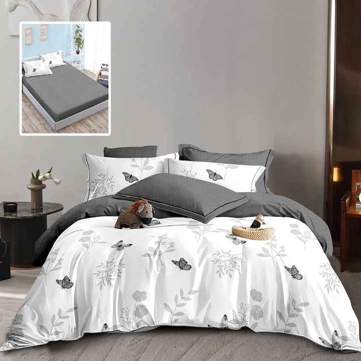 Двойно спално бельо от 6 части Finet Cotton с калъф за матрак 160x200 или 180x200 см, плик за завивка 200x230 см, 2 калъфки за възглавници 50x70 и 70x70 см, Бяло-Сиво, Sulphur HF6P323