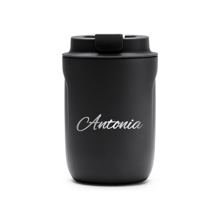 Термос чаша Intelli® Travel Mag Tanik, Персонализирана с име Антония, Без BPA, Поддържа напитката гореща или студена, Вместимост 250 мл, Черна, 1878334 TaBL 65