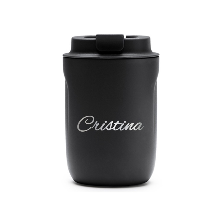 Термос чаша Intelli® Travel Mag Tanik, персонализирана с име Кристина, без BPA, поддържа напитката гореща или студена, вместимост 250 мл, черна, 1878334 TaBL 78