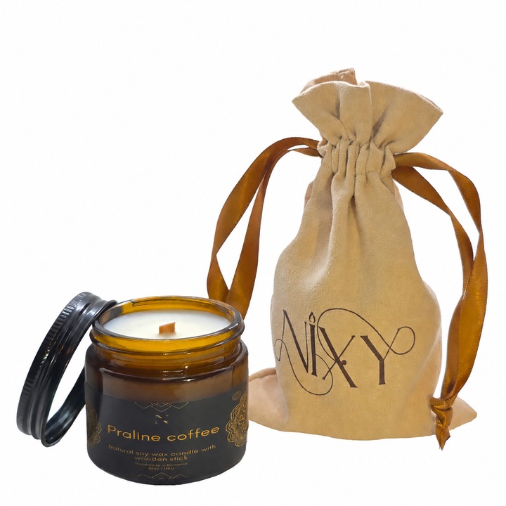 Lumanare parfumata Premium din ceara de soia naturala, Nixy, Praline Coffe, aroma de cafea si praline, handmade, 60G