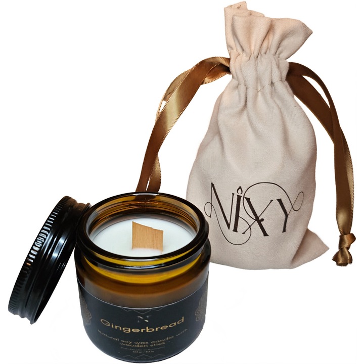 Ароматна свещ Nixy от натурален соев восък Gingerbread, джинджифилови нотки, ръчна изработка, 60 гр.