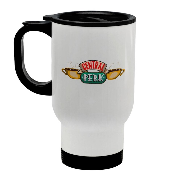 Cana de voiaj din otel inoxidabil, Central Perk, capac, perete dublu alb 450ml