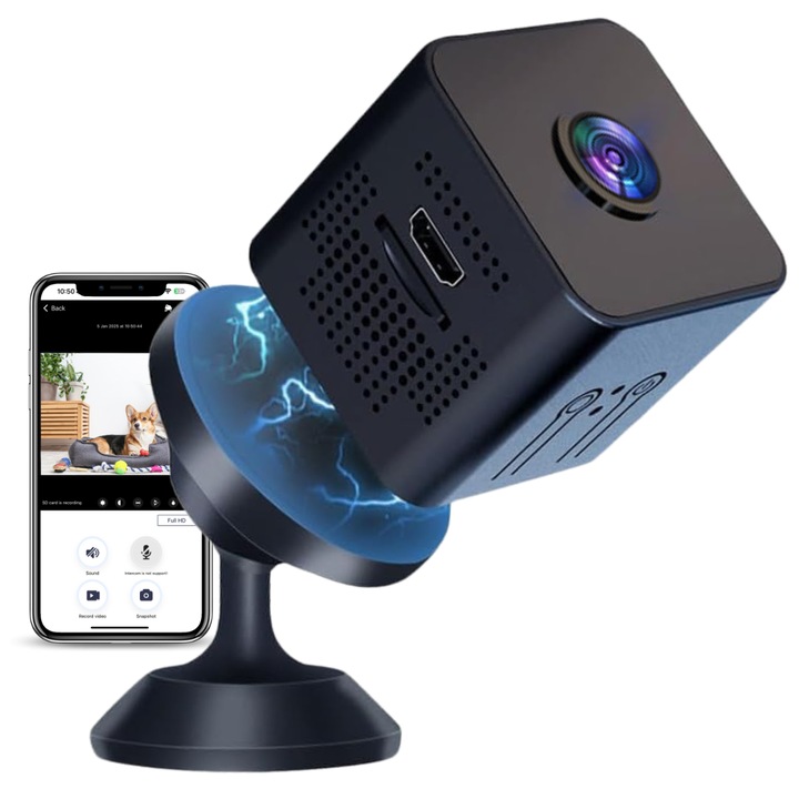 Mini kémkamera, Wi-Fi, mágneses rögzítés, 360°-ban forgatható támogatás, valós idejű videofigyelés, éjszakai látás, mozgásérzékelés, X1, easyCTRL