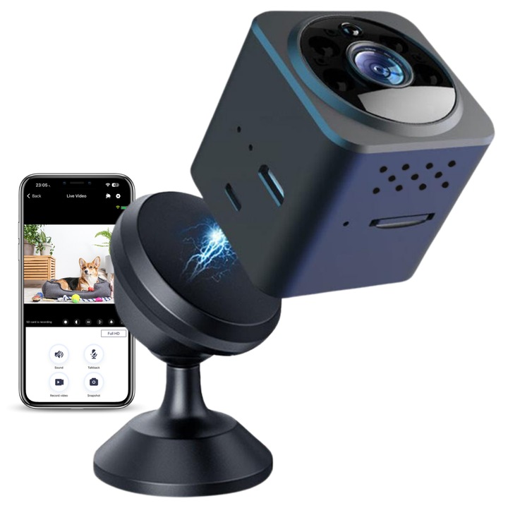 Mini kémkamera, Wi-Fi, mágneses rögzítés, 360°-ban forgatható rögzítés, valós idejű videofigyelés, éjszakai látás, mozgásérzékelés, AS02, easyCTRL