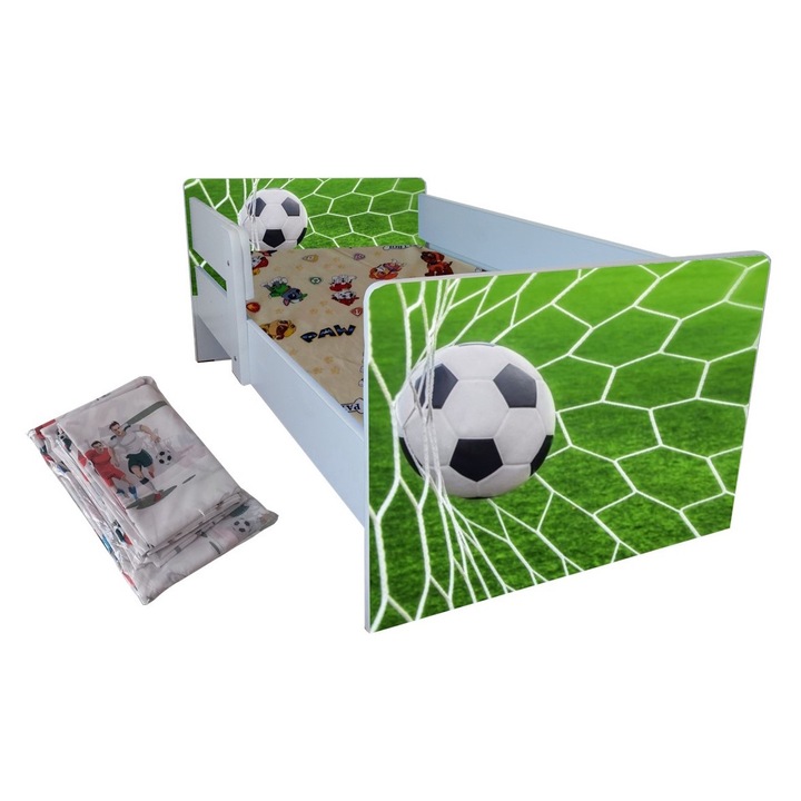 Pat copii Fotbal, 144x76 cm, saltea inclusa, lenjerie inclusa