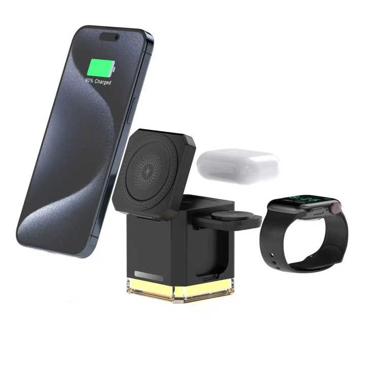 Incarcator Wireless SkyVibe®, Statie de incarcare 3 in 1 Qi Fast Charger 15W cu suport magnetic pliabi, Compatibil cu Apple Watch Toate Seriile, Casti bluetooth universal, Telefon universal, Negru