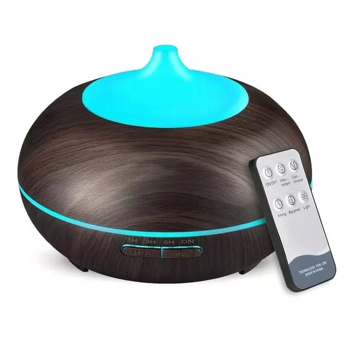 Ultrahangos légpárásító aromadiffúzorral, 300 ml, ionizátor, LED világítás, távirányító, sötétbarna