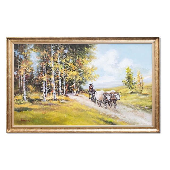 Tablou car cu boi pe cararea de langa padure pictat manual inramat, 110x70cm ulei pe panza, Geo Ungureanu, rama din lemn
