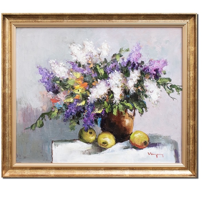 Tablou vaza cu liliac si fructe pictat manual inramat, 70x60cm ulei pe panza, Geo Ungureanu, rama din lemn
