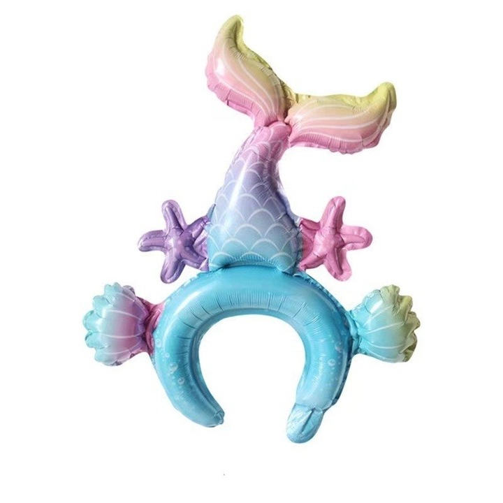 Балон от метално фолио, Cyrax, тип корона, модел русалка, индивидуална опаковка, включена сламка, надуване с въздух или хелий, 43 x 50 cm, многоцветен