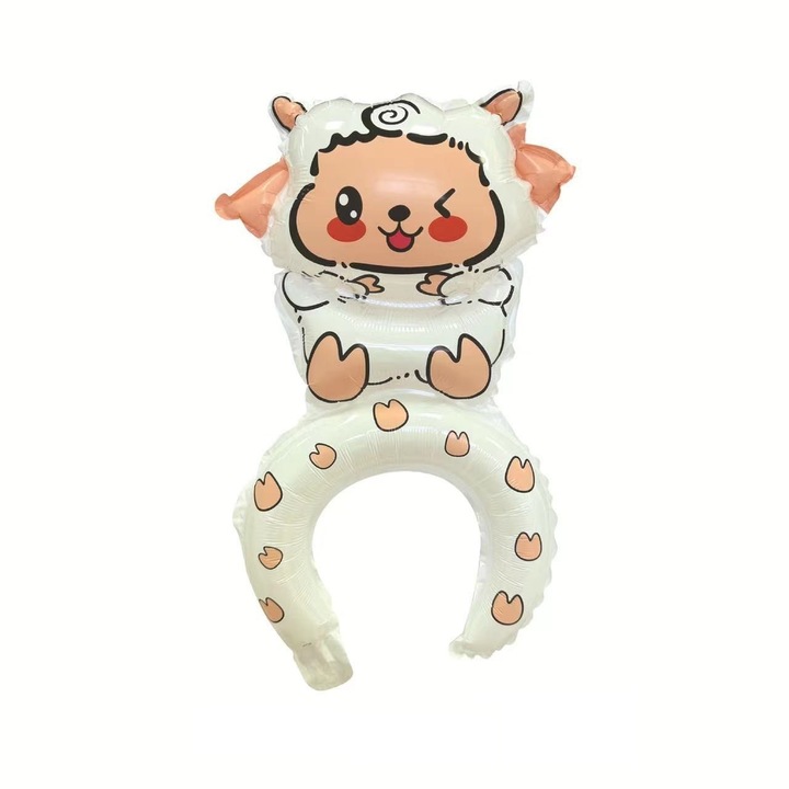 Balon din Folie Metalizata, Cyrax, Tip Coronita, Model Oaie, Ambalaj Individual, Pai Inclus, Umflare cu Aer sau Heliu, 47 x 28 cm, Alb