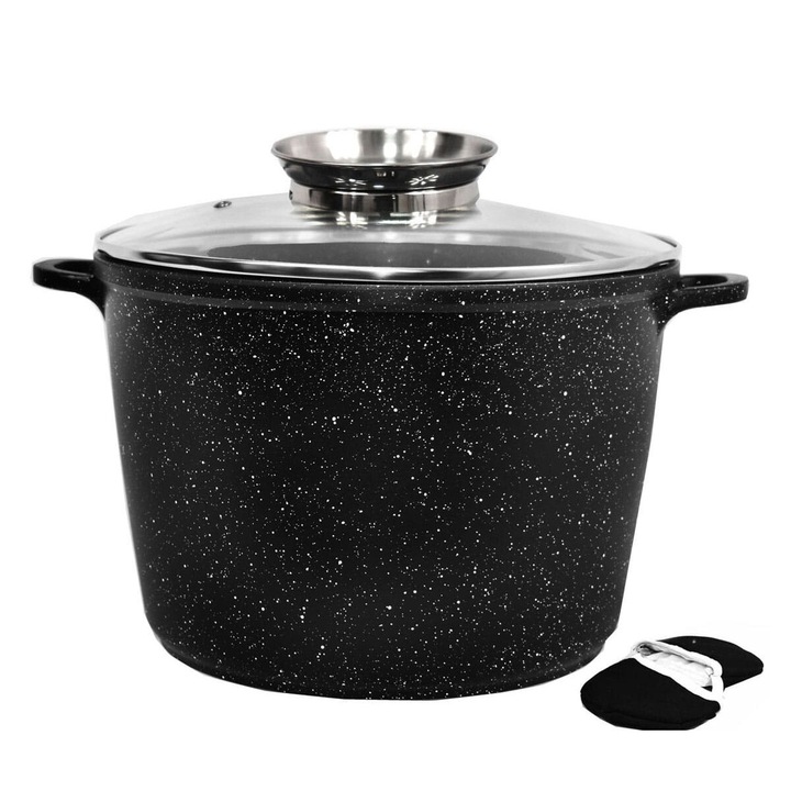Oala granit 6.2L 24cm cu capac sticla, 2 protectii anti-arsuri, aluminiu, negru