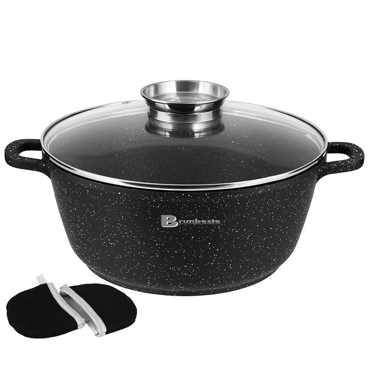 Oala cu capac din aluminiu 1.6L, Brunbeste, 18cm, non-stick marmura, set cu 2 protectii anti-arsura