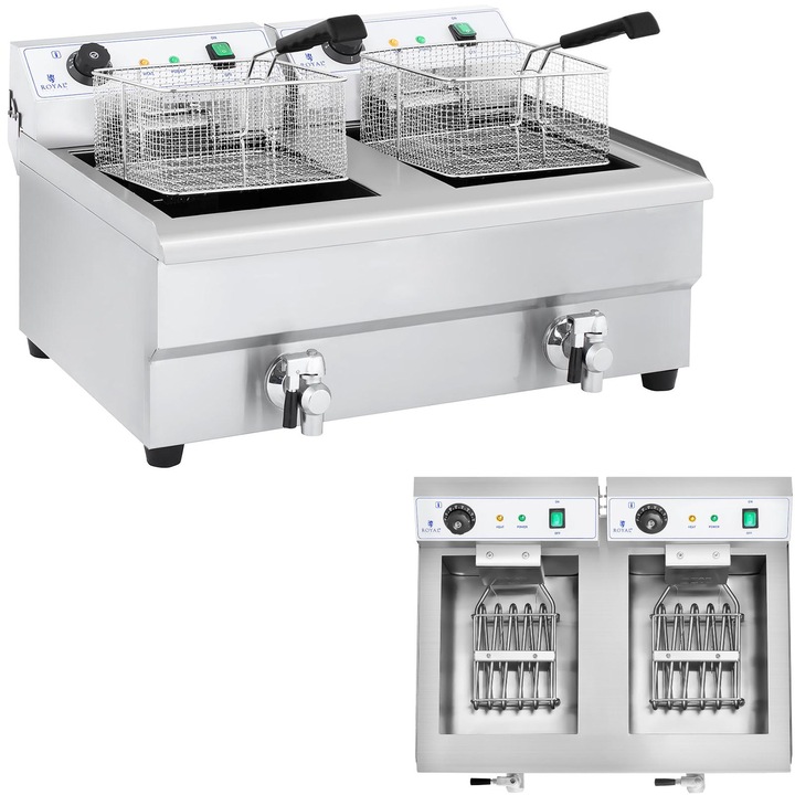Friteuza gastronomica dubla cu robinete Royal Catering, 2x16L, 2x3600W, inox, cu 2 cosuri