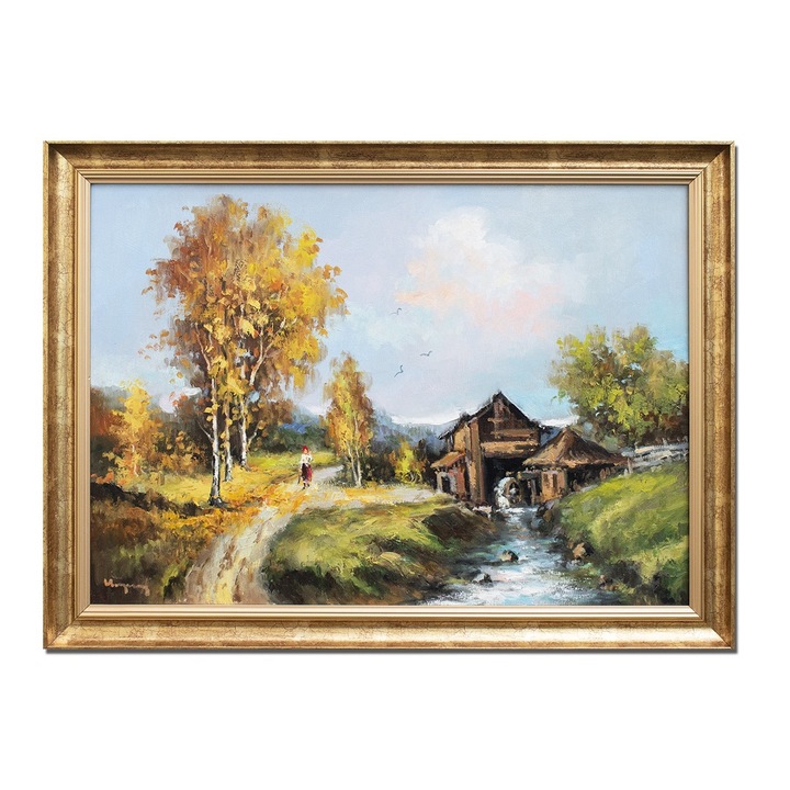 Tablou living peisaj cu tarancuta si moara de apa pictat manual inramat, 80x60cm ulei pe panza, Geo Ungureanu, rama din lemn